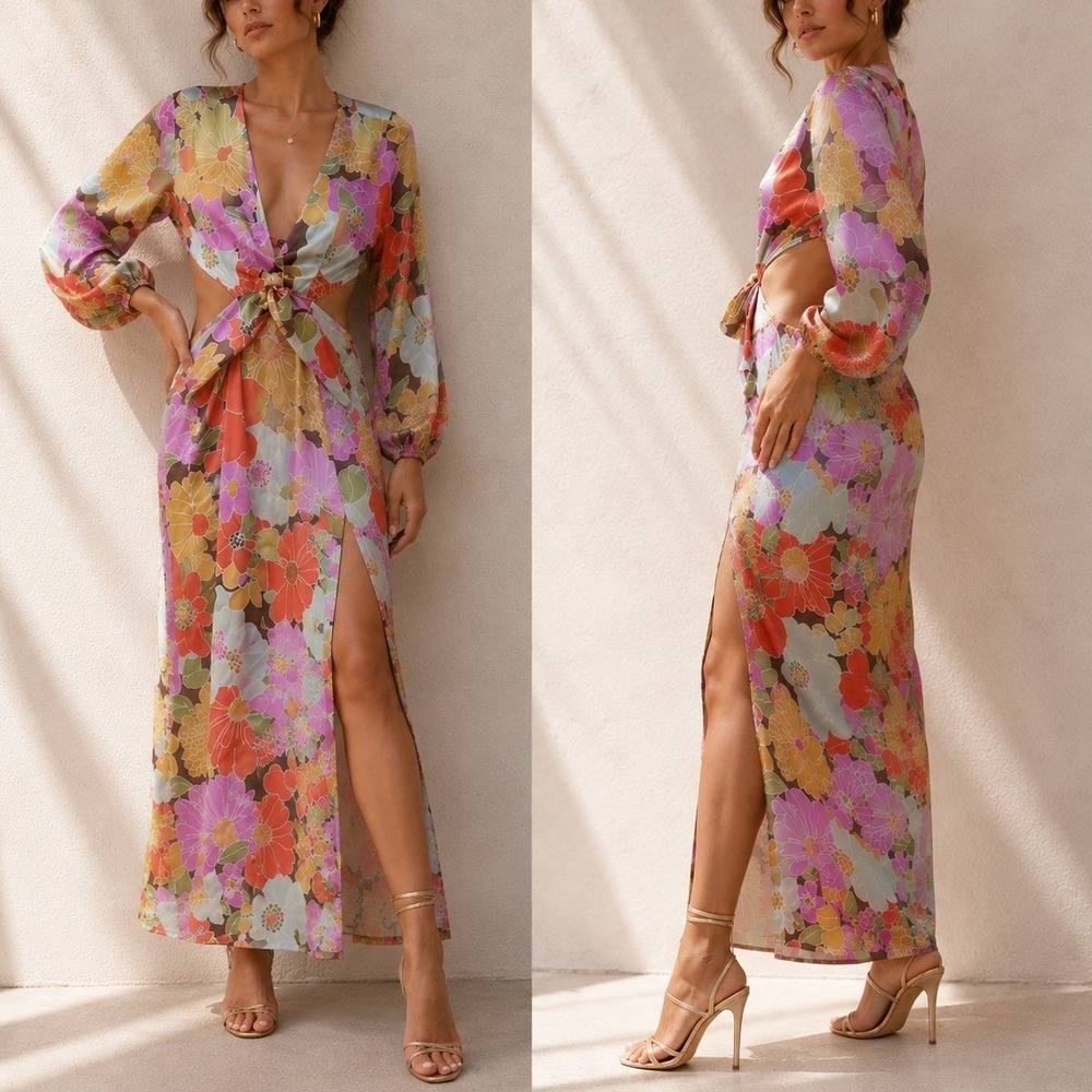 Y.A.S‎ Josephine Long Sleeve Cut Out Maxi Dress Floral Retro Mod Twist Front M